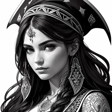 Centred potrait of a female Pirate, black and white, zentangle (best quality) ultra-detailed, fine line drawing, fine line art, coloring book illustration style, intricate linework, highly detailed illustration, perfect composition, beautiful and stunning,...