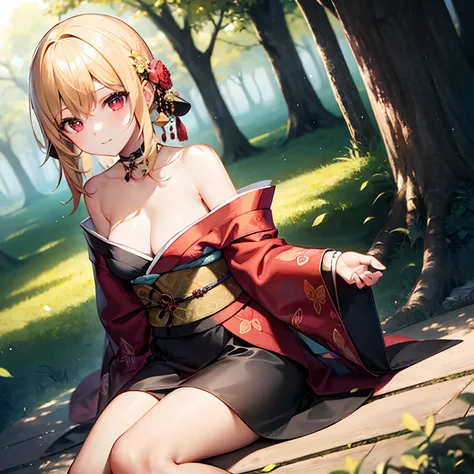 a blond、red eyes、Beautiful girl alone、Kimono with fancy patterns、Off-shoulder、in woods