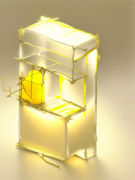 drawing of a glass display cabinet, concept sketches, drawing on paper, architectural sketches, inspired by Rachel Whiteread, technical sketches, pen sketches, line sketches stroke, lit. cube, yellow aluminum frame, light tea color glass, glass cup, light ...