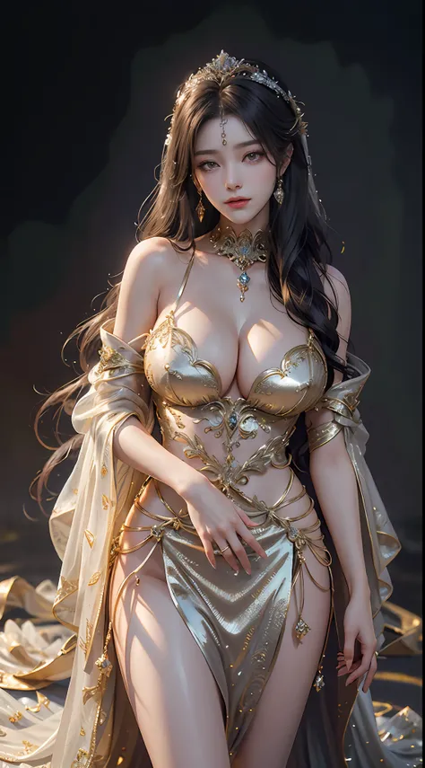 Woman in a golden transparent dress,view the viewer,(((Huge breasts, Large cleavage))),Slim waist,(Bare waist), Long hair, micro-curly hair, Ultra-detailed details,High-end Zhenyi station, Rainstorm site, detailed fantasy art, Stunning character art, Beaut...