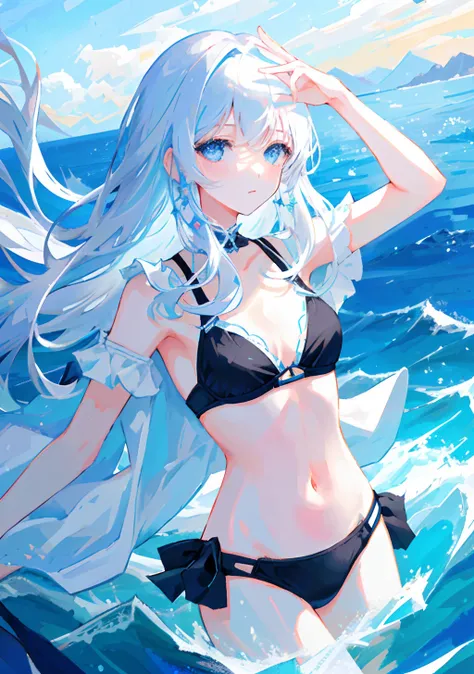 ​masterpiece、top-quality、ultra-detailliert、illustratio、portlate、女の子 1 人、Black_hair、blue eyess、white  hair、swim wears、The bikini