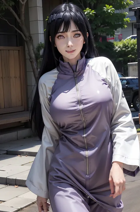 1girl, hyuga hinata in anime naruto, long hair, black hair, white eyes, smile, beautiful, purple clothes, very big breast, realistic clothes, detail clothes, outdoor background, ultra detail, realistic