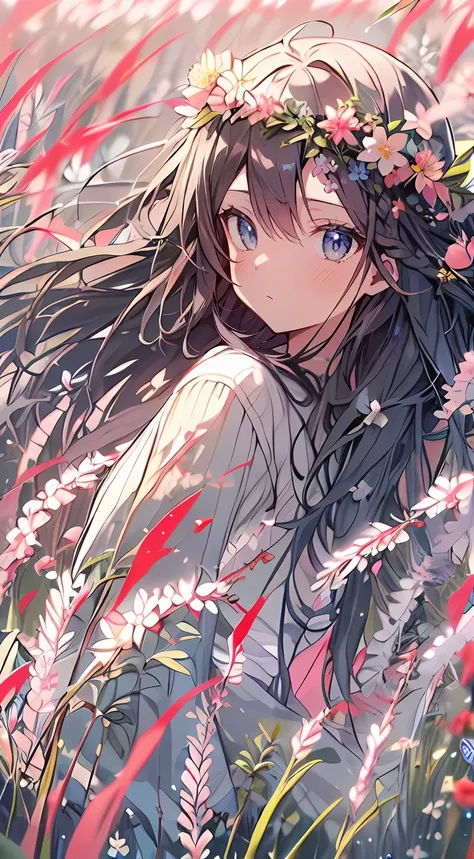 masutepiece, Best Quality,Illustration, Wallpaper, Ultra Detail, Absurd beauty、1 beautiful girl、 (Longhaire、short braided hair), Beautiful ultra-detailed eyes , Hair fluttering in the wind、Keep your head small、flower  field、great outdoors