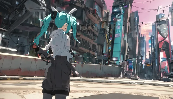 miku hatsune,city,full bodyesbian,facing back