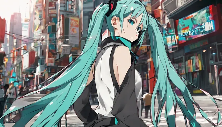 miku hatsune,city,full bodyesbian,facing back