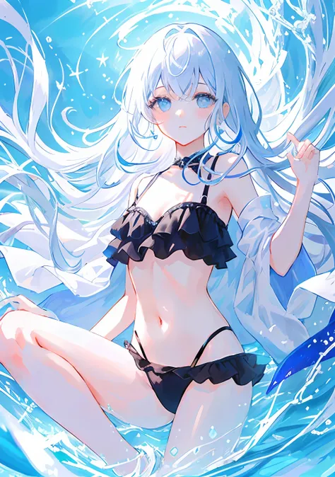 ​masterpiece、top-quality、ultra-detailliert、illustratio、portlate、女の子 1 人、Black_hair、blue eyess、white  hair、swim wears、The bikini