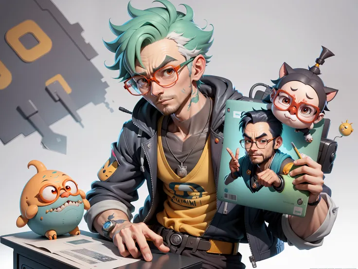 A young man with glasses sits at his desk，holding laptop，digitial painting，3D character design by Mark Clairen and Pixar and Hayao Miyazaki and Akira Toriyama，4K HD illustration，Very detailed facial features and cartoon-style visuals。