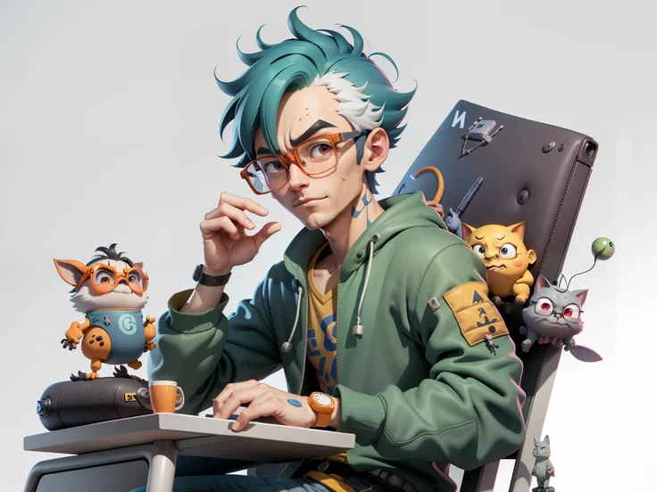 A young man with glasses sits at his desk，holding laptop，digitial painting，3D character design by Mark Clairen and Pixar and Hayao Miyazaki and Akira Toriyama，4K HD illustration，Very detailed facial features and cartoon-style visuals。