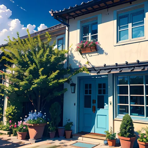 scenery,sky,plant,tree,outdoors,day,house,potted plant,building,no humans,cloud,window,blue sky,recording,flower pot,door,bush,viewfinder,architecture,no one,without humans,4k，高分辨