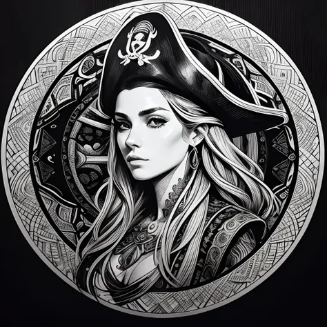 Centred potrait of a female Pirate, black and white, zentangle (best quality) ultra-detailed, fine line drawing, fine line art, coloring book illustration style, intricate linework, highly detailed illustration, perfect composition, beautiful and stunning,...