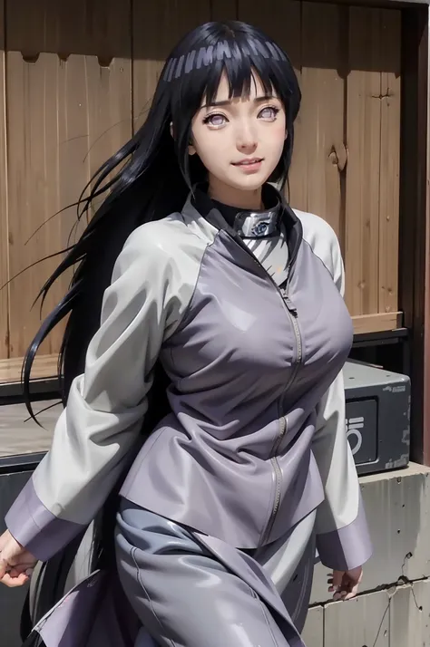 1girl, hyuga hinata in anime naruto, long hair, black hair, white eyes, smile, beautiful, purple clothes, very big breast, realistic clothes, detail clothes, outdoor background, ultra detail, realistic