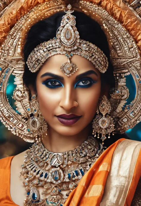 goddess sita, goddess of india, black hair, detailed eyes, detailed face, diamond necklace, big blue diamond, wears sari, traditional indian clothing,