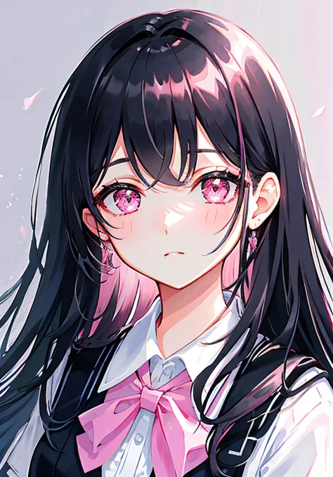 masterpiece, best quality, ultra-detailed, illustration, portrait, 1girll, black_hair, pink eyes,  long hair,  school uniform