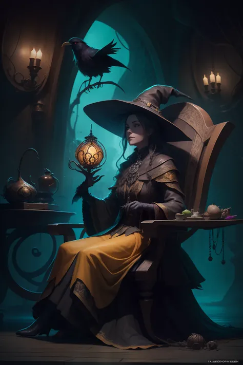 An old witch sitting in a calddirao chair in the background and shes holding a sonyster crow