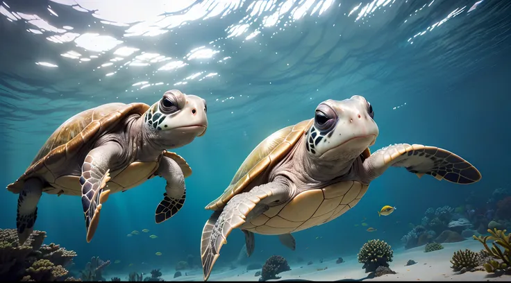 pixar-style，Masterpiece,high qulity,Highest high resolution,Complicated details，Cute baby baby turtle，，Swim freely in the sea，Clear, realistic water，Ray traching，reali