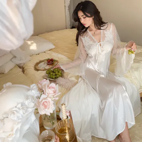 There is a woman sitting on the bed having，Holding a plate of fruit in his hand, in night gown wearing, pyjamas, full - length view, wearing white silk robe, Satin, Silk, White gown, gorgeous aristocrat robe, Wearing a luxurious silk robe, 19xx, full - len...