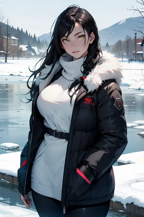 1 girl, black hair, yellow eyes, very long hair, pale skin, curvy, (extremely muscular), perky breasts, (winter clothes), frozen lake