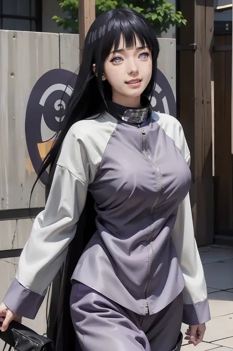 1girl, hyuga hinata in anime naruto, long hair, black hair, white eyes, smile, beautiful, purple clothes, very big breast, realistic clothes, detail clothes, outdoor background, ultra detail, realistic