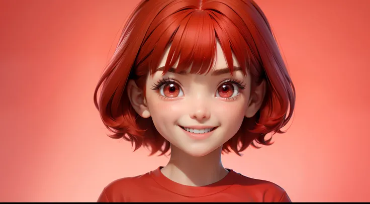 little girl with red hair red eyes beautiful face,short hair with bangs wearing red clothes a red t-shirt  ,with happy expression, white background,  style of a Disney Pixar cartoon