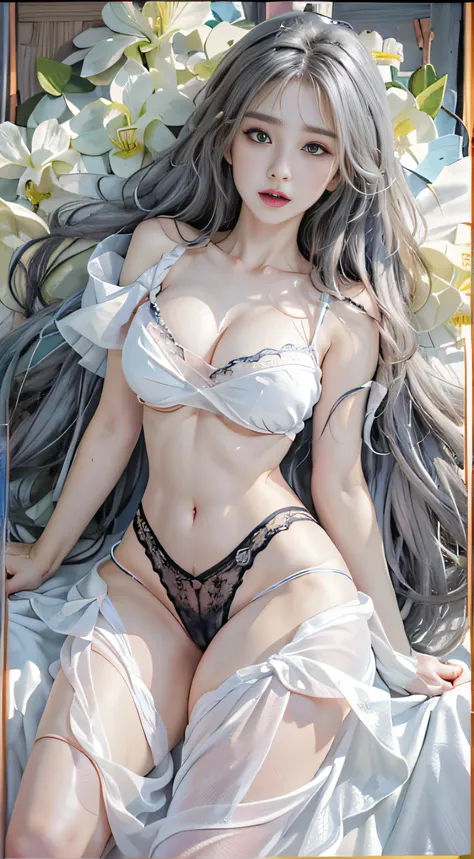 Photorealistic, High resolution, 1womanl, Solo, hips up high, view the viewer, (Detailed face), White hair, Long hair, maid clothes, Jewelry、a miniskirt、Off-shoulder front opening、（up skirt、）（Black lace panties）Blue eyes、white  hair、silber hair、((Beautiful...