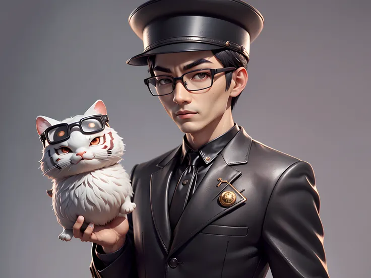 Young man with oriental face in leather hat, tiger, oriental face in formal suit, short black hair, silver glasses, digital painting, 3D character design by Mark Clairedon and Pixar and Hayao Miyazaki and Akira Toriyama, the illustration is a high-definiti...