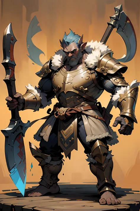 Game character standing drawing design，Disney animation，style of disney animation，Orc male，Leather armor，Fur shoulders，Stout limbs，Muscle explosions，The barefoot，Armed with a huge red axe，Different layers overlay，Different angles，（Left view full body：1.4），...