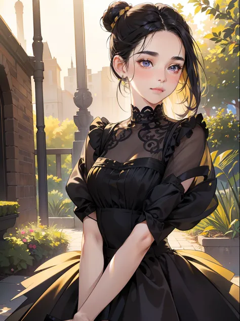 masterpiece, best quality, realistic, mature female, cute, 15 years old, closed mouth, portrait, extremely detailed face, soft smile, (dark purple eyes), ((with single black hair bun), ((front bangs hair)), [thin eyebrows], ((dark yellow dress)), no makeup...