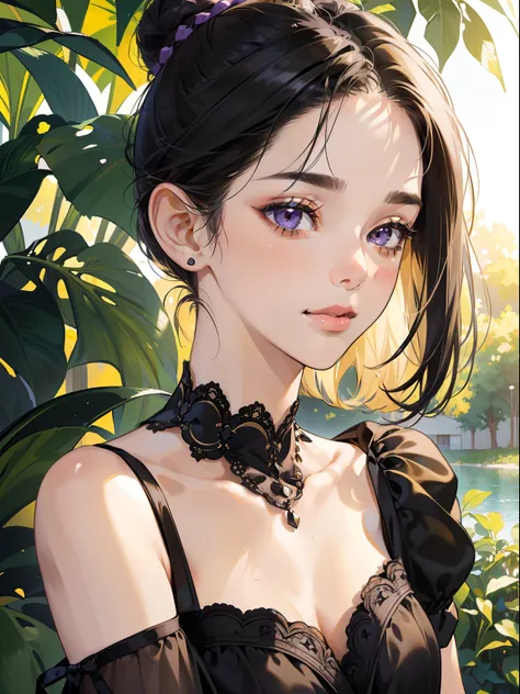 masterpiece, best quality, realistic, mature female, cute, 15 years old, closed mouth, portrait, extremely detailed face, soft smile, (dark purple eyes), ((with single black hair bun), ((front bangs hair)), [thin eyebrows], ((dark yellow dress)), no makeup...