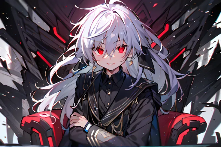 hight resolution,Anime boy with white hair and red eyes stares at camera, Glowing red eyes,slim, dressed in a black outfit,Shadow Body,monochromes,hair messy,Aggressive smile,a throne