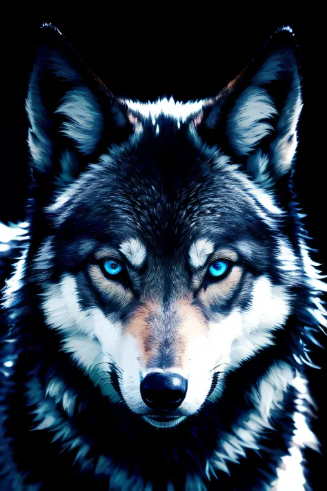 (Masterpiece detailed high image quality) "Black color with blue eyes" wolf dangerous forest, midnight, full moon. 1 solo lobe. ( Front angle of image)