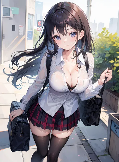 1girl, school unform, cute, unbuttoned, cleavage, school bag, looking at the viewer, skirt, bra flash, hand on the hair, legs, smile