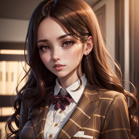 Sexy woman in plaid suit with bright brown long hair and long eyelashes big eyes style outstanding