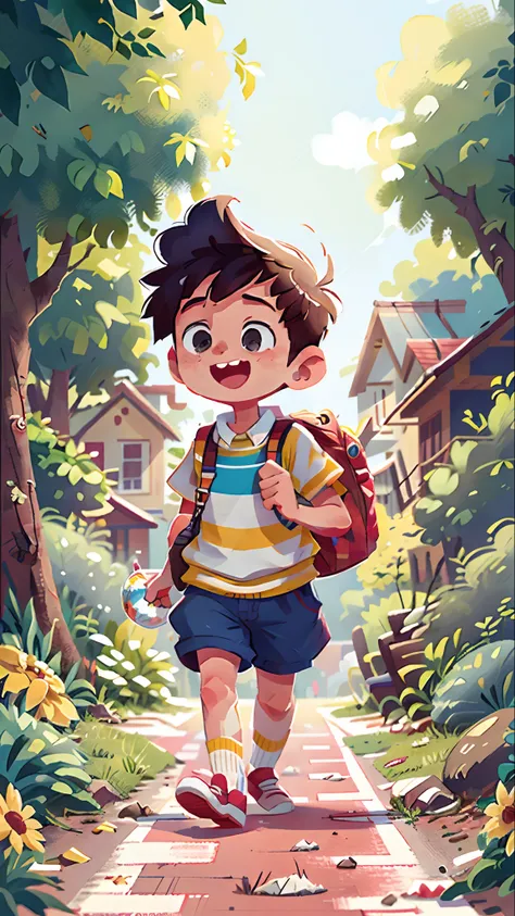 Poster production，Back to School Season，A little boy walks down the road with his school bag，In the distance is the school，having fun，jumpping，cheerfulness --v 6