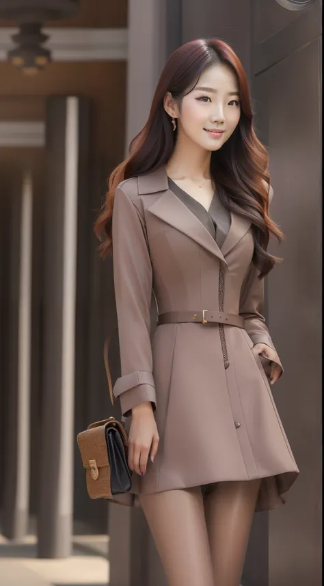 HighestQuali，tmasterpiece，Photo scale 1：4，Woman in light brown dress walking down the street, Wear it in autumn，Outfit，Fashionab，korean womens fashion model, sakimichan hdri, Gorgeous young Korean woman, Choi Hyun-hwa, trending on cgstation, beautiful Kore...