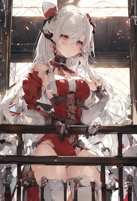 ​masterpiece、Top image quality、high detailing、abajour、window、(nighttime scene:1.3)、nighttime scene、(red eyes:1.4)、Delicate interior design、Longhaire、1girl in、(Boob emphasis:1.7)、(White hair)、length hair、red blush、(a beautifulchi girl)、cute little、((maikuro...