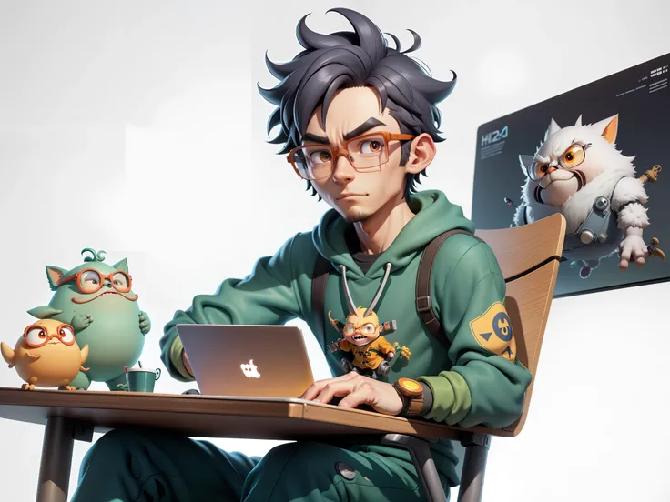 A young man with glasses sits at his desk，holding laptop，digitial painting，3D character design by Mark Clairen and Pixar and Hayao Miyazaki and Akira Toriyama，4K HD illustration，Very detailed facial features and cartoon-style visuals。