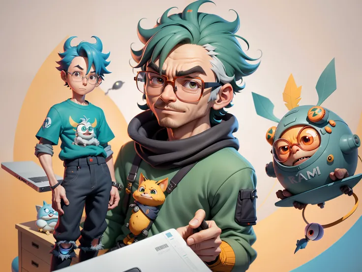 A young man with glasses sits at his desk，holding laptop，digitial painting，3D character design by Mark Clairen and Pixar and Hayao Miyazaki and Akira Toriyama，4K HD illustration，Very detailed facial features and cartoon-style visuals。