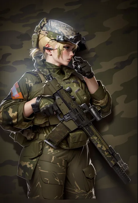 Coloring，detaileds, Blonde female soldier，Army((((Camouflage pattern military uniform))))，detaileds，Heavy metal weapons，jungle backdrop，morningglow，Super detailed