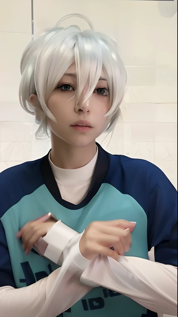 there is a woman with a white wig and a blue shirt, anime cosplay, as an anime character, xqc, kaworu nagisa, with index finger, 2 d anime style, with white long hair, with short bobbed white hair, anime girl cosplay, with short hair, wearing track and fie...