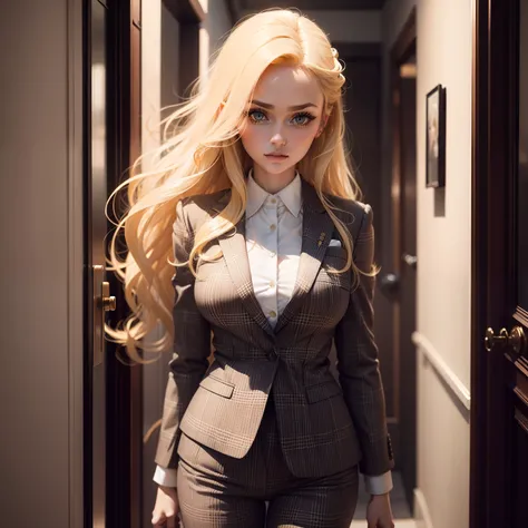 Outstanding woman with blond color hair and big eyes with long lashes is wearing a plaid suit