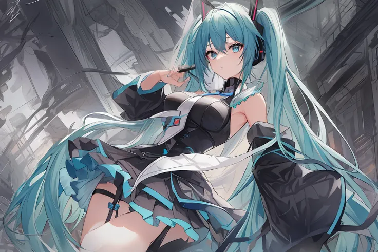 Lets start with a base illustration of a young female character. Adjust hair color to Hatsune Mikus iconic turquoise blue. Styling very long hair, Reach below the waist, With twin tails. Twin tails are evenly balanced、Make sure the top is properly wrapped....