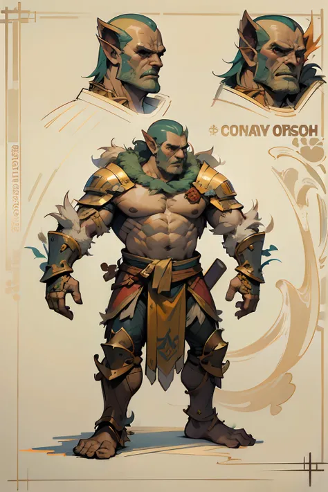 Game character standing drawing design，Disney animation，style of disney animation，Orc male，Leather armor，Fur shoulders，Stout limbs，Muscle explosions，The barefoot，Armed with a huge red axe，Different layers overlay，Different angles，（Left view full body：1.4），...