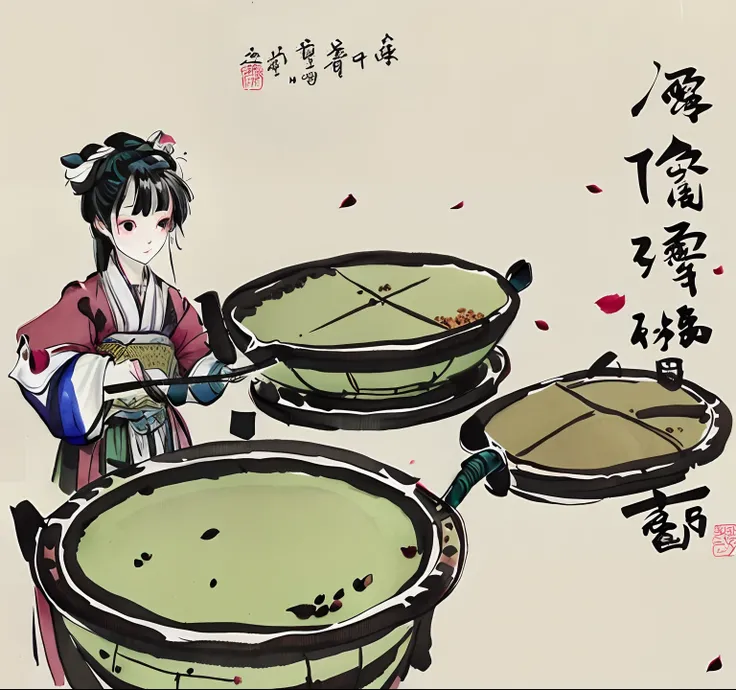 Painting a woman in a dress holding a plate of tea leaves picking tea ， A girl in Hanfu, official character illustration, extremely fine ink lineart, Official illustration, perfect lineart, highly detailed exquisite fanart, beautiful line art, traditional ...