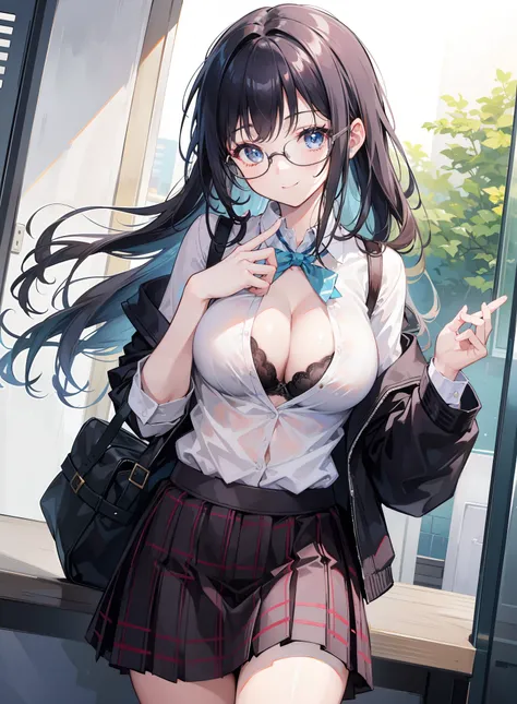 1girl, school unform, cute, unbuttoned, slightly showed cleavage, glasses, looking at the viewer, skirt, bra flash, hand on the hair, legs, smile