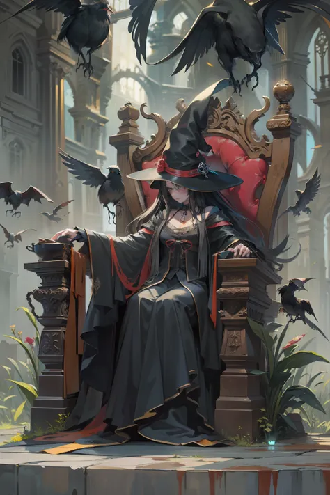 an old witch sits in a kadilau chair in the background，she was holding a soniste crow ，gloomy castle，solid color backdrop，clean ...