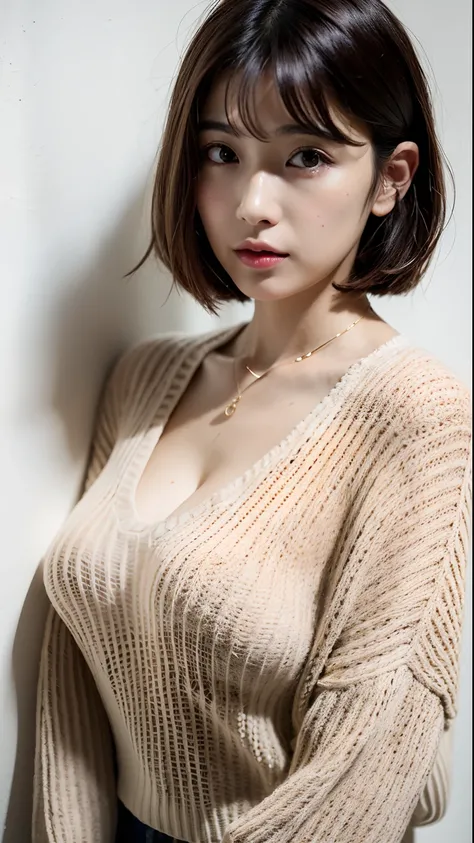 (Best quality, 8K, 32K, Masterpiece, hyper HD:1.2),Photo of Pretty Japanese woman in the, Large breasts, Very short Bob hair,Upper body,(Oversized_Sweater,:1.1) necklace, Simple background, looking around a corner, Bigboobs，nakeness