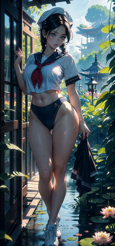 1female，35yo，熟妇，long leges，Big breasts Thin waist，Slim，huge-breasted ，Pornographic exposure， 独奏，（Background with：bamboo forrest，lotuses，lotus flower，exteriors，Lotus pond） She has short black hair，Twist braids，standing on your feet，Sweat profusely，drenched ...