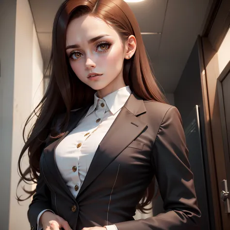 Stylish woman with bright brown hair and big eyes with long lashes is wearing a suit