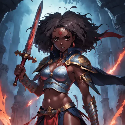 masterpiece, best quality, movie still, 1 dark skinned African woman, holding a sword on her shoulder, she is holding a sword, full bodycharacter portrait, valkyrie style character, vampire woman, vampire fangs, afro hair