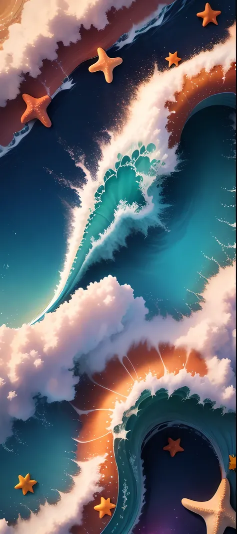 starfish,starlight,(sea:1.1),ocean,(wave:1.1),(sky:0.8),(cloud:0.8),surface:1.2),best quality,masterpiece,illustration,an extremely delicate and beautiful,extremely detailed,unity,8k wallpaper,Amazing,finely detail,masterpiece,best quality,colorful stars,